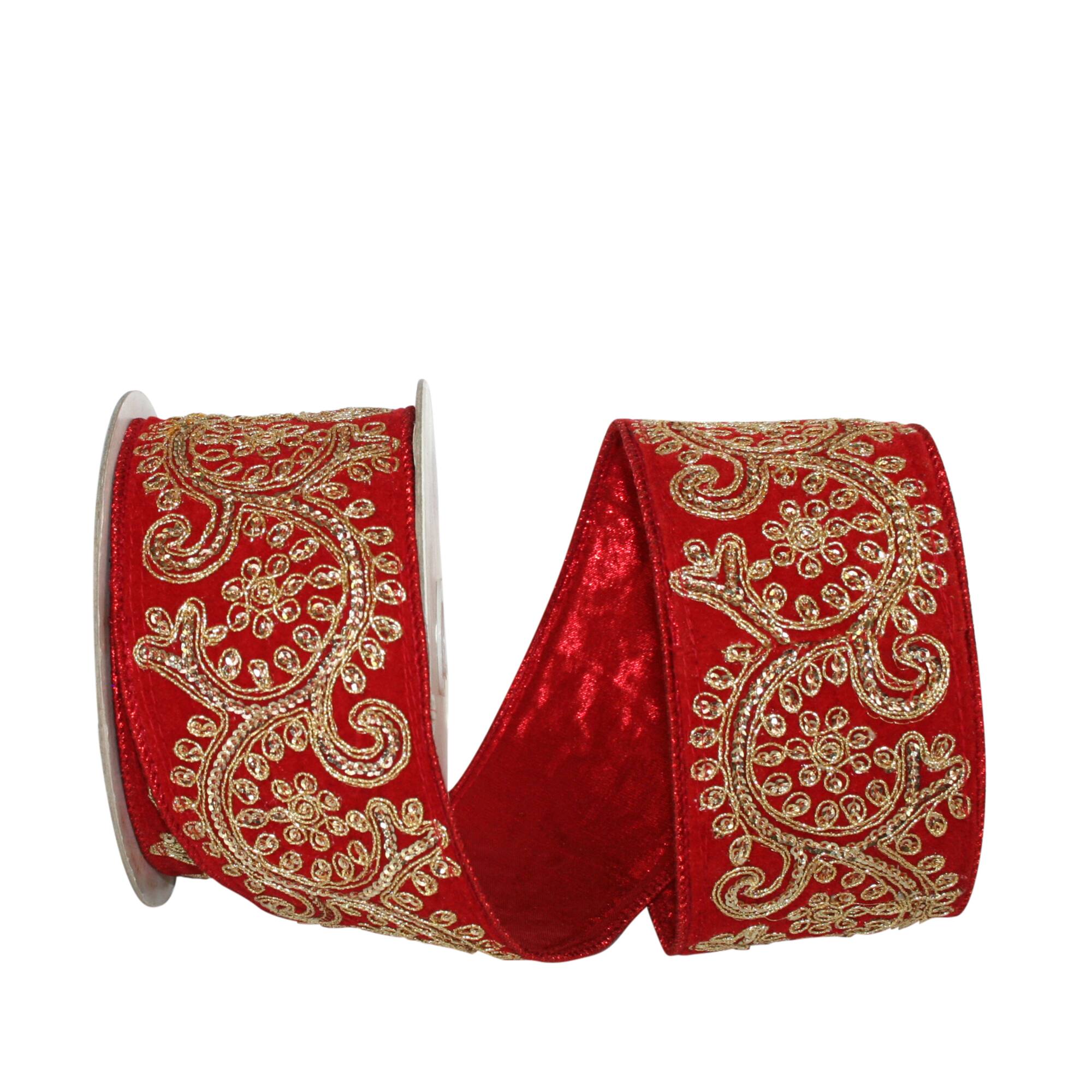 JAM Paper 2.5" x 5yd. Red & Gold Sequin Scroll Wired Lamé Ribbon